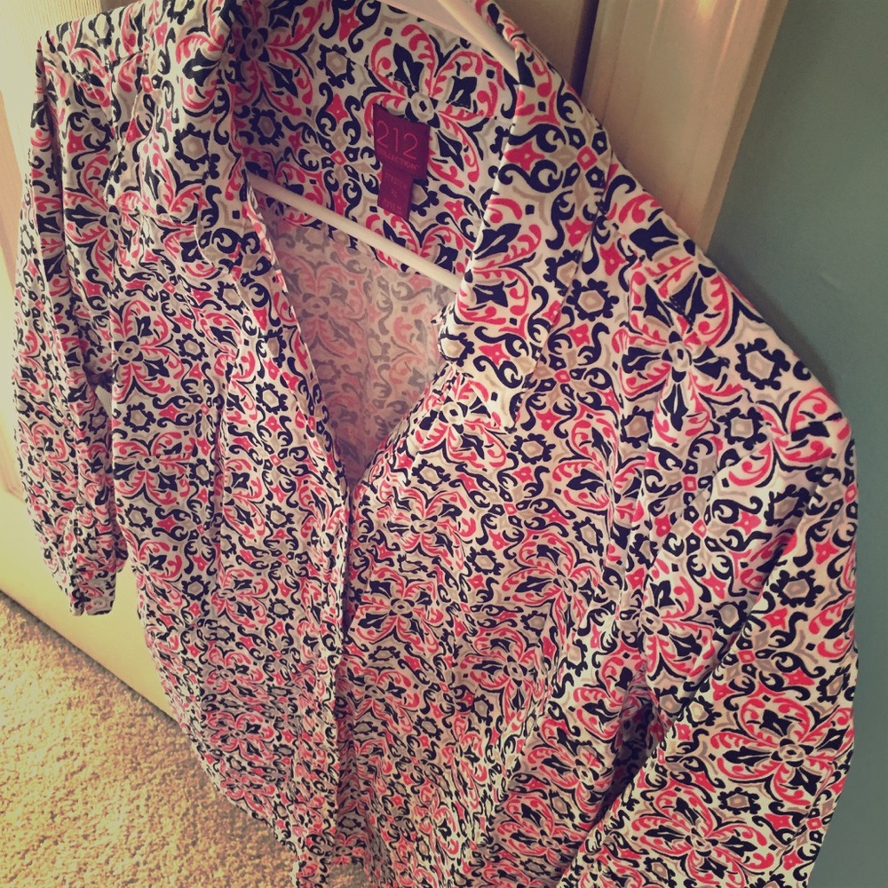 212 tan, black, and rose colored print blouse